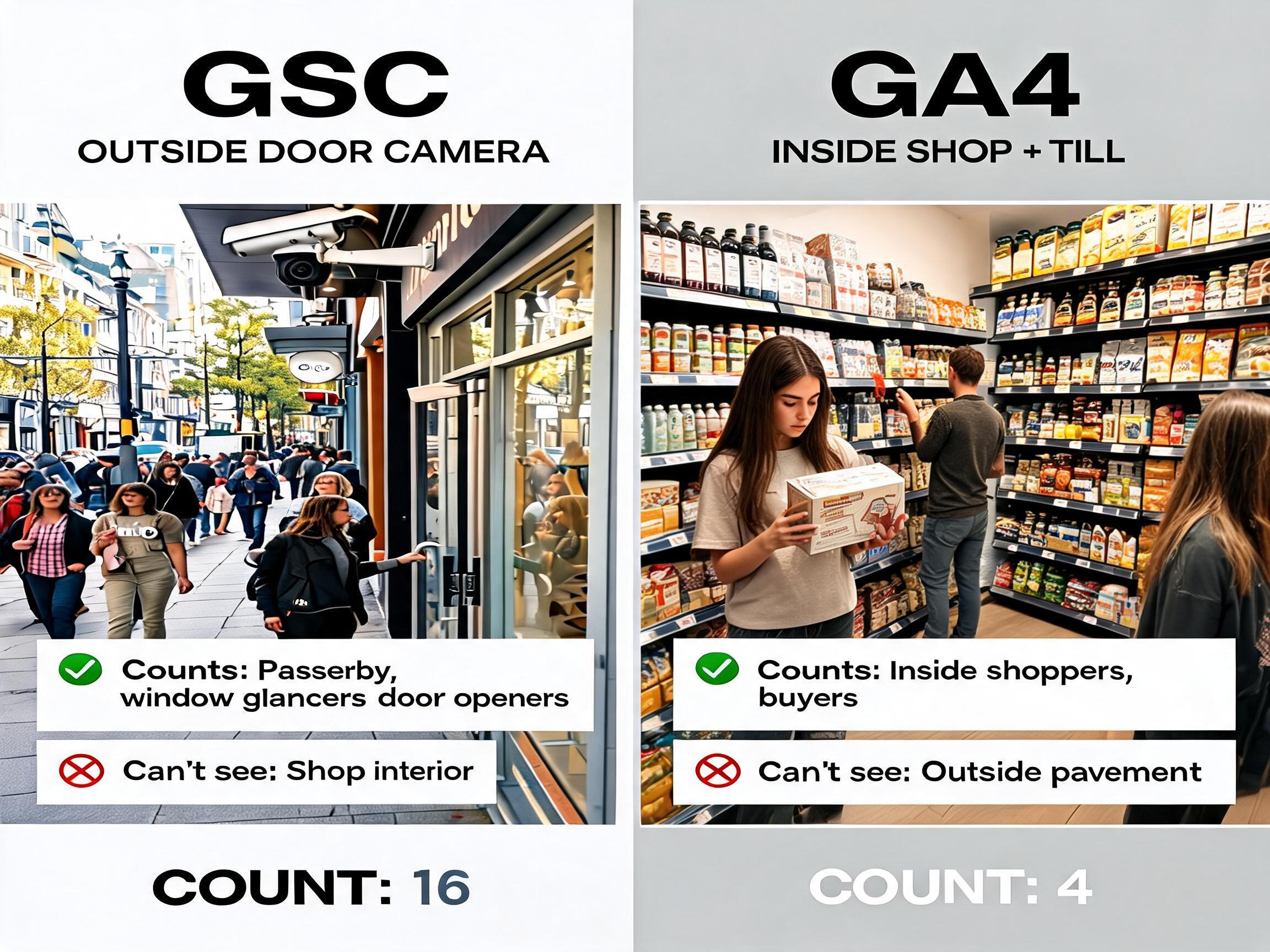 Side-by-side comparison: GSC is an outside-door camera counting 16 passersby and window-shoppers; GA4 is the inside cameras and till, counting the 4 who walked in and picked up products.