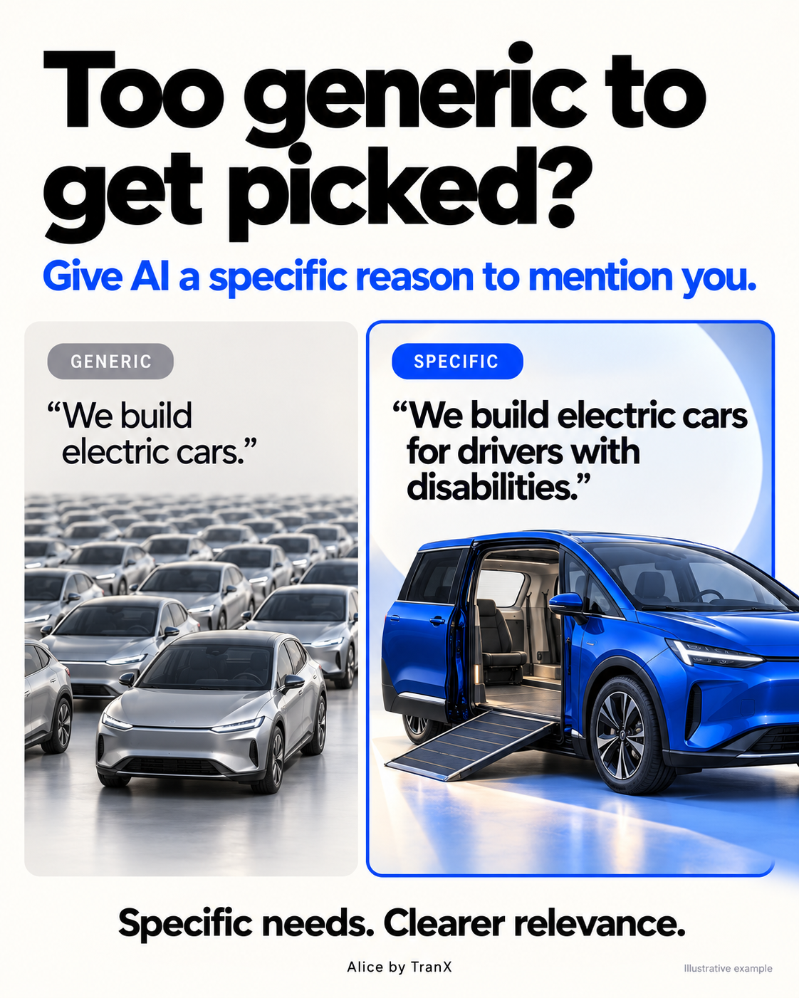 Generic wording, We build electric cars, above a crowd of silver cars; specific wording, We build electric cars for drivers with disabilities, above a blue vehicle with an accessibility ramp.